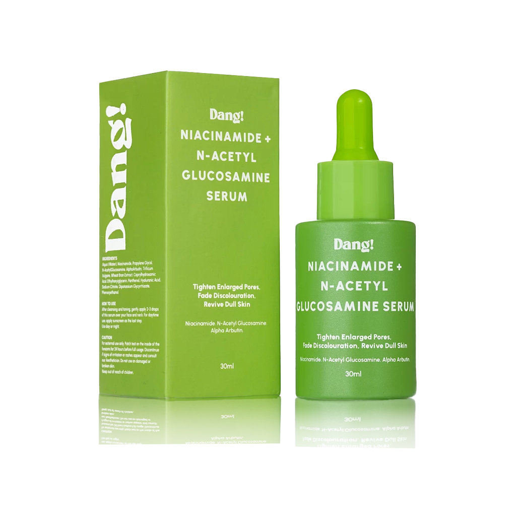 Dang! Niacinamide + N-Acetyl Glucosamine Serum 30ml green bottle with dropper and packaging at Bracketts Beauty