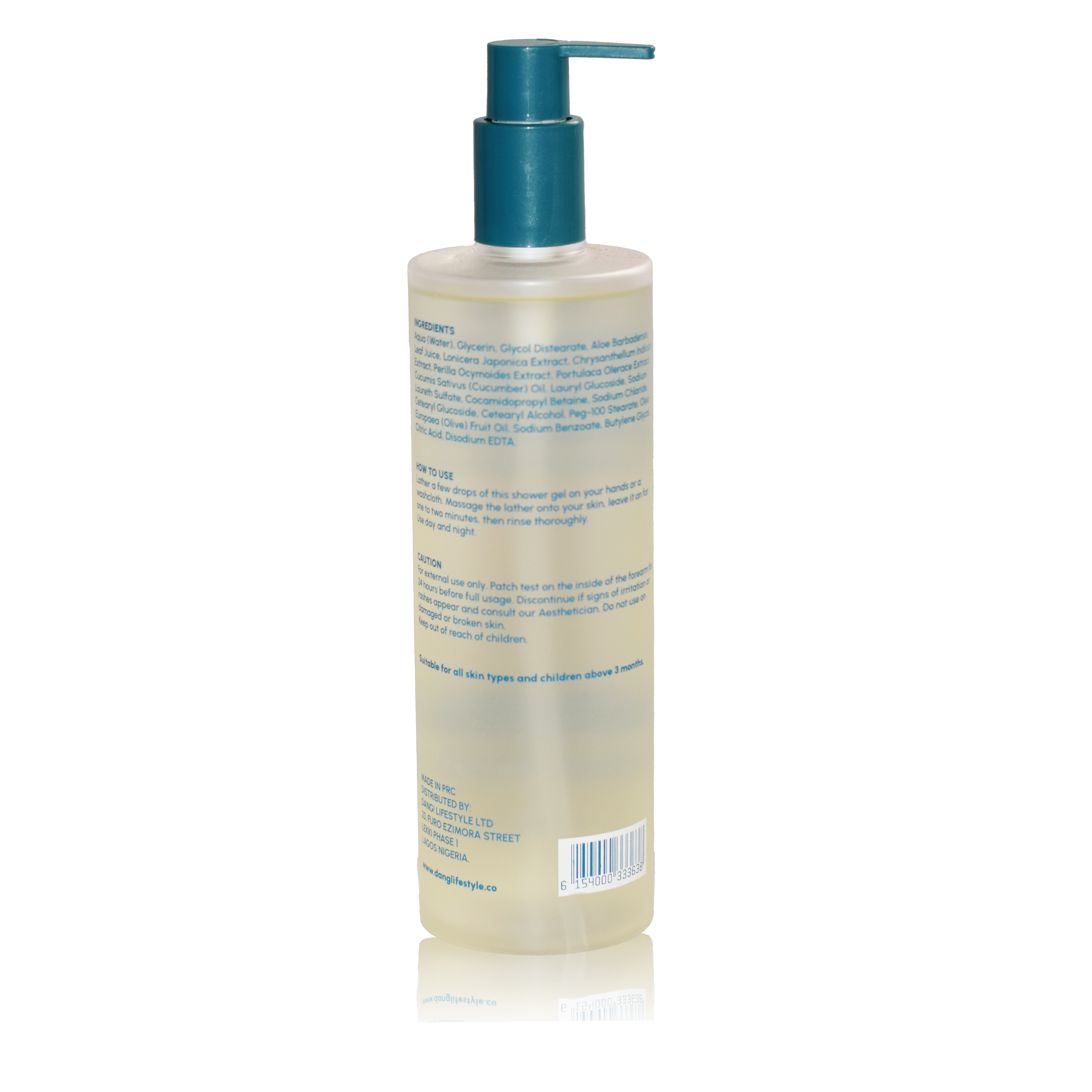 Dang! Ultra-Rich Moisturizing Shower Gel with Botanical Extracts 500ml back of frosted bottle with azure blue pump at Bracketts Beauty