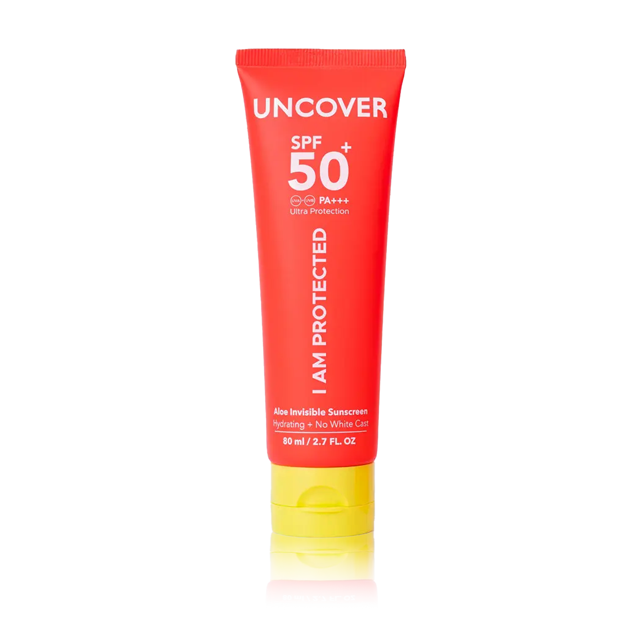 Uncover Aloe Invisible Sunscreen SPF 50+   80ml full size orange squeeze bottle with yellow cap at Bracketts Beauty