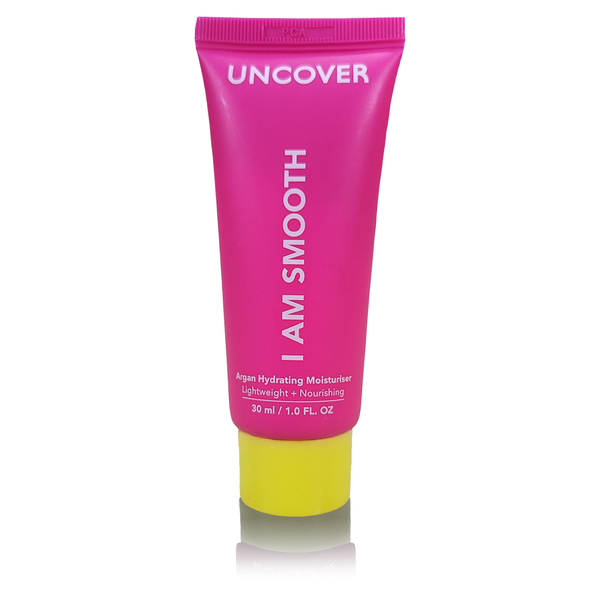 Uncover Argan Hydrating Moisturiser 30ml mini pink squeeze bottle with yellow cap at Bracketts Beauty