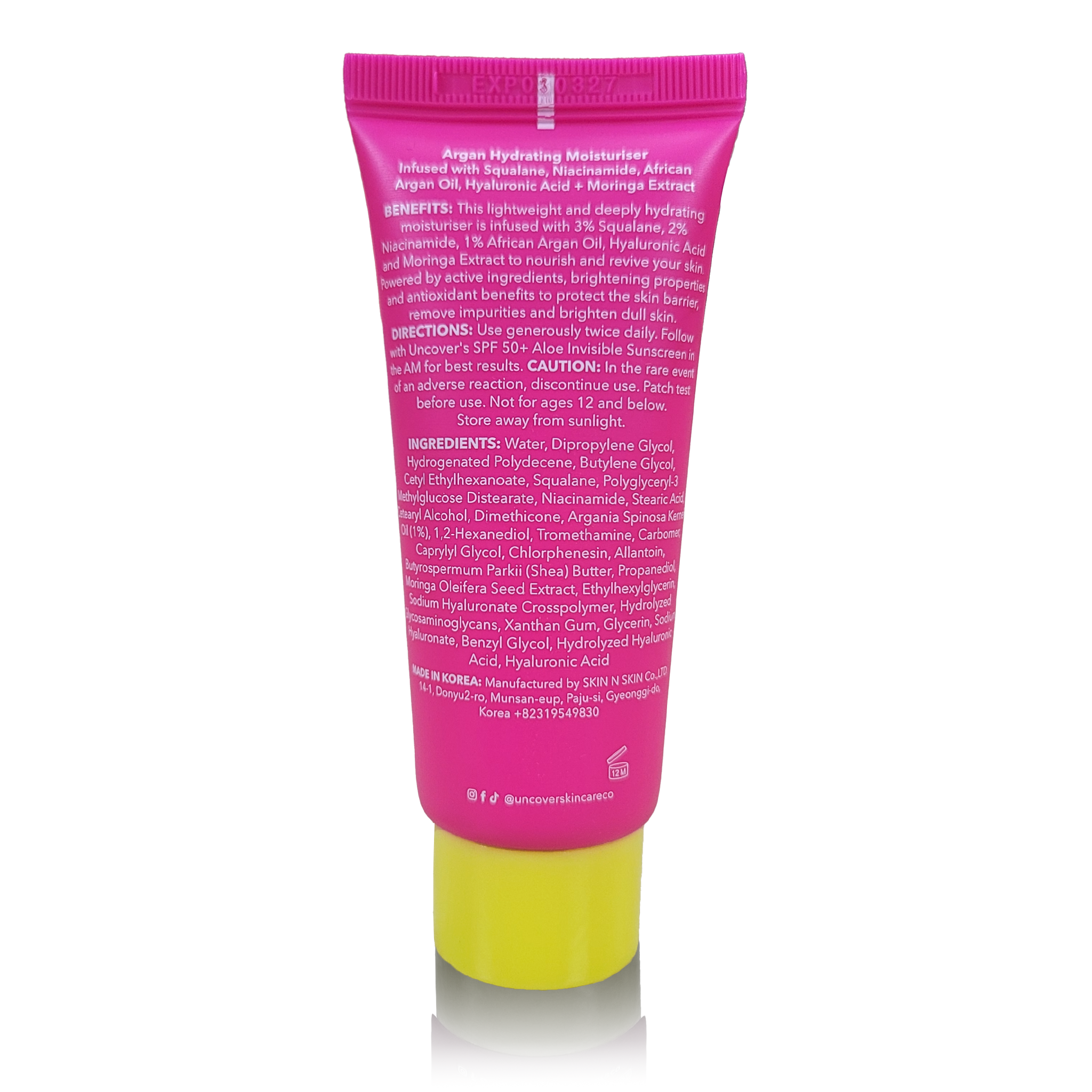 Uncover Argan Hydrating Moisturiser 30ml back of mini pink squeeze bottle with yellow cap at Bracketts Beauty