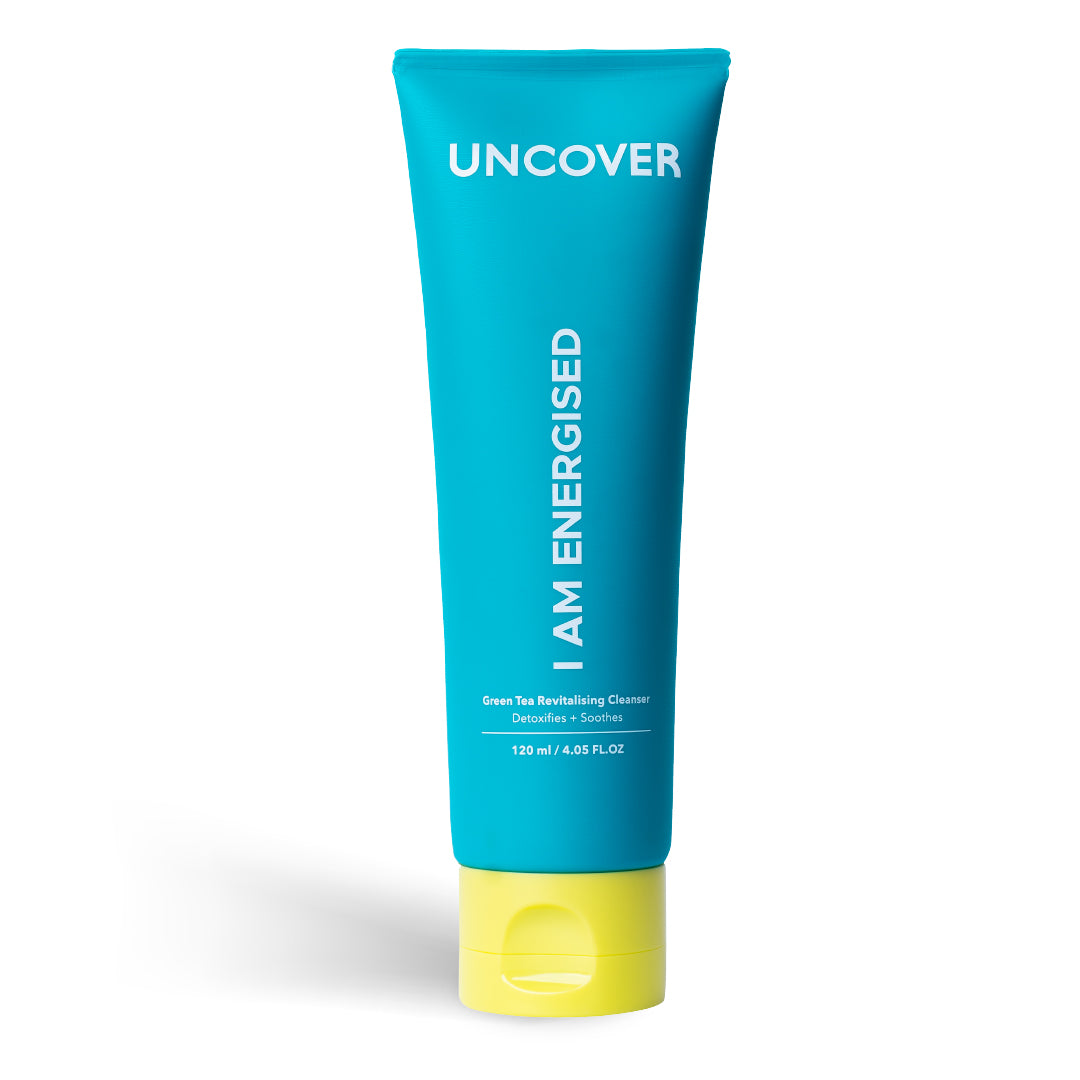 Uncover Green Tea Revitalizing Cleanser 120ml full size blue squeeze bottle with yellow cap at Bracketts Beauty