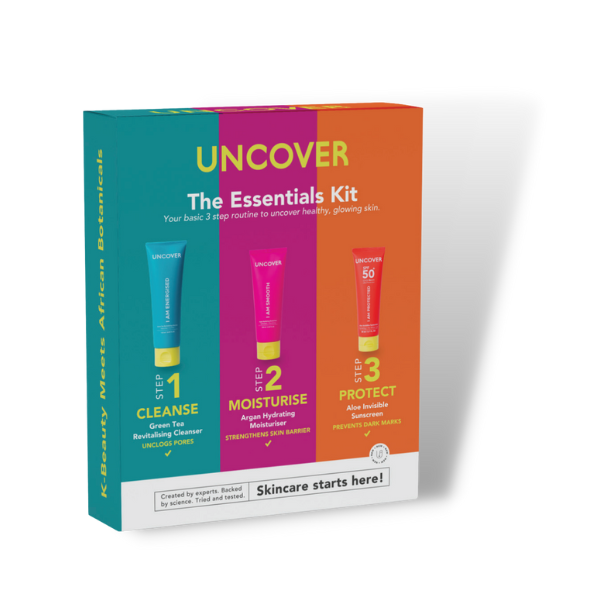 Uncover The Essentials Kit full size products package at Bracketts Beauty